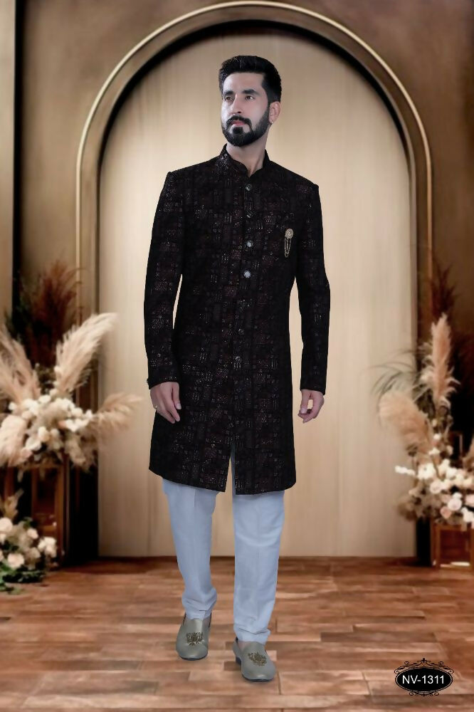 Boys blue velvet kurta with multi-color sequence embroidery and matching pyjama