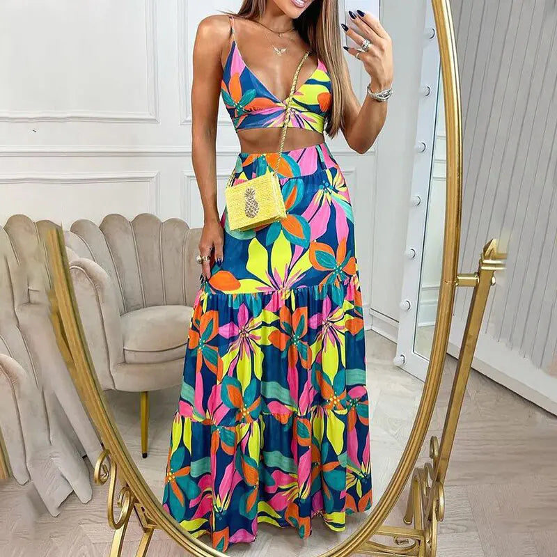 Summer Floral V-Neck Maxi Dress Two-Piece Set for Women