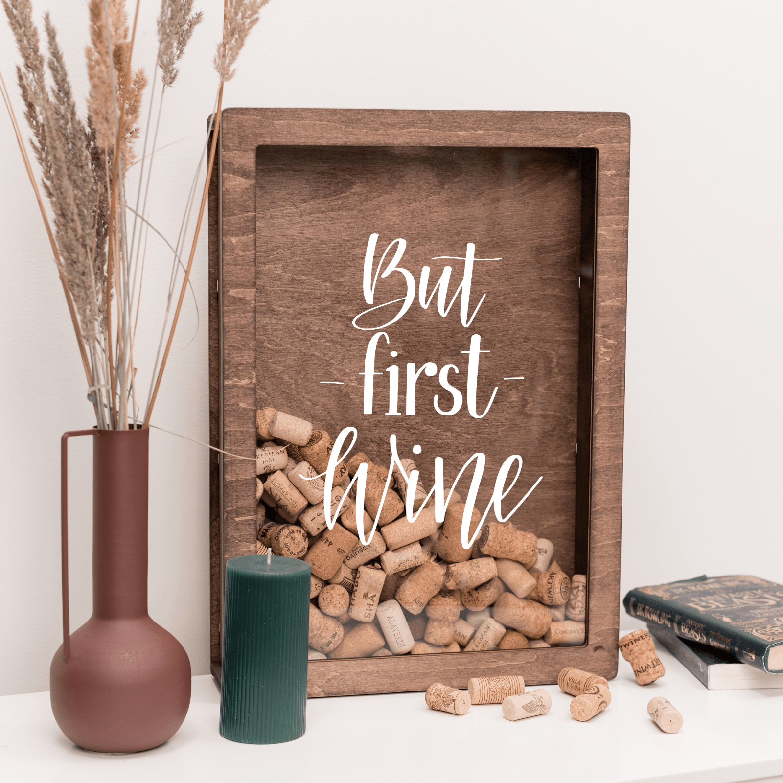 An elegant shadow box for wine corks used as home decor for wine enthusiasts.
