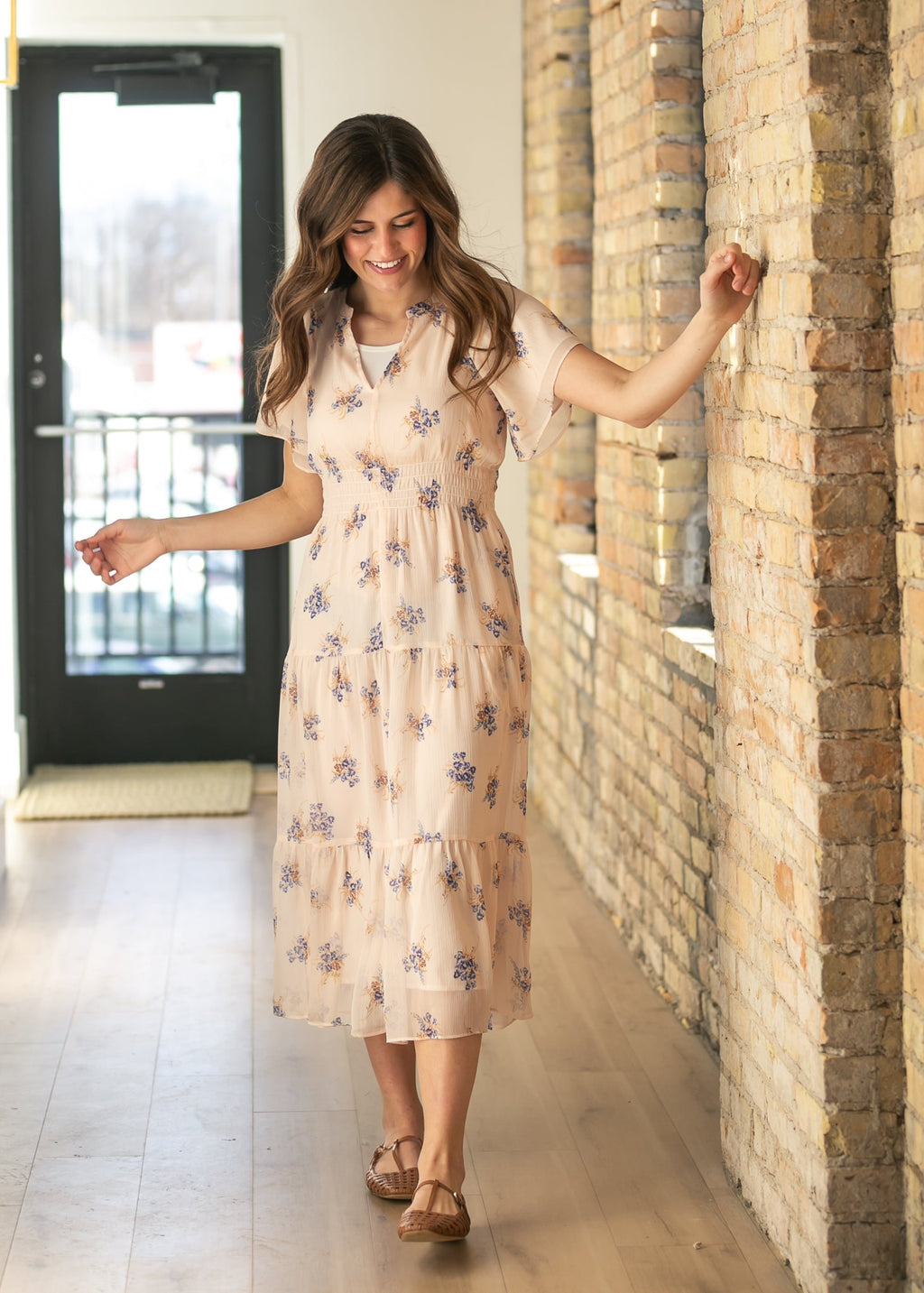 Gina Pink Floral Short Sleeve Tiered Midi Dress