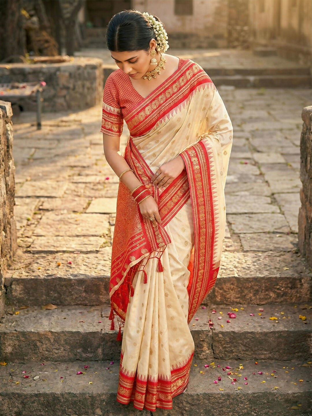 Cream Soft Silk Saree with Coordinating Blouse Piece