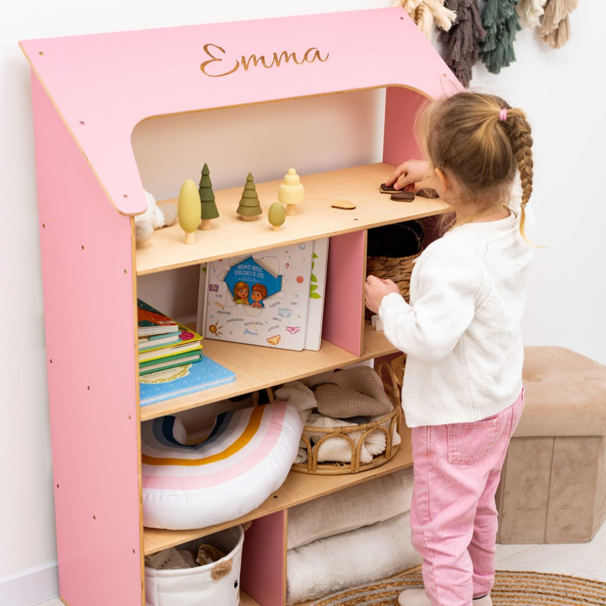 Pink Dollhouse Bookcase for Kids - Montessori Inspired Storage