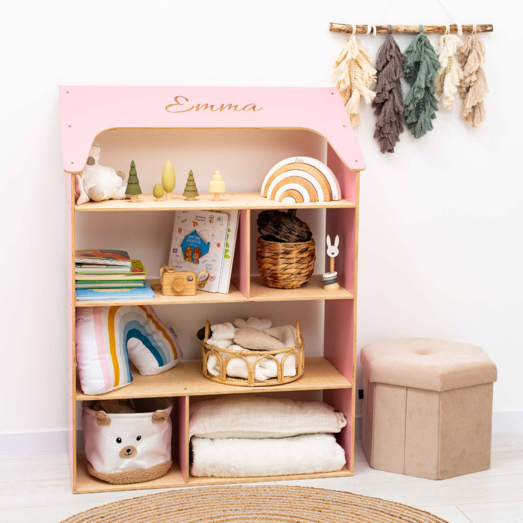 Pink Dollhouse Bookcase for Kids - Montessori Inspired Storage