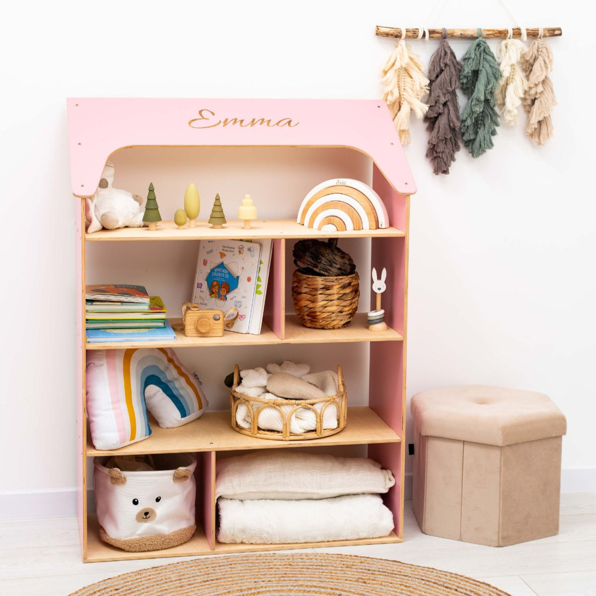 Pink Dollhouse Bookcase for Kids - Montessori Inspired Storage