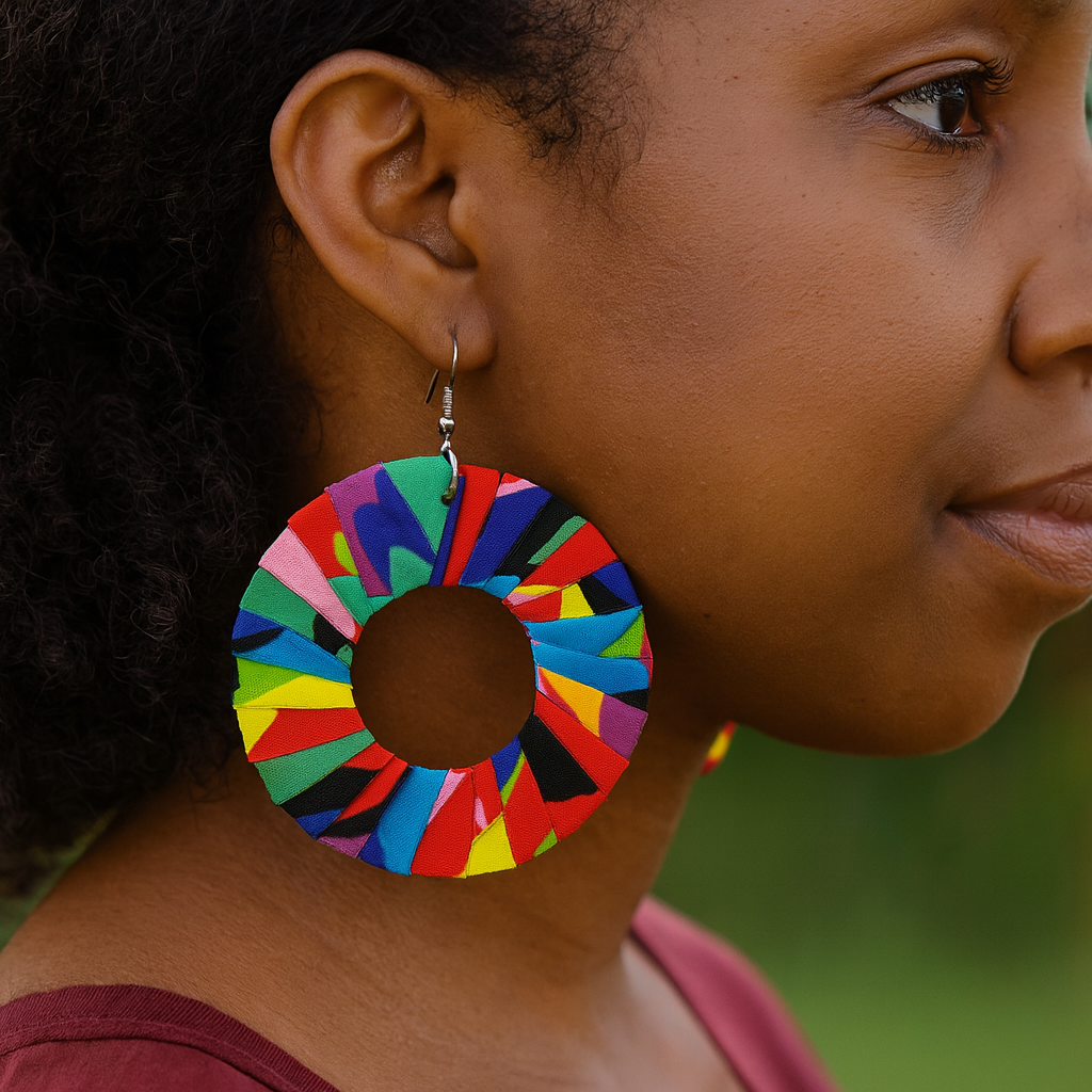 Close-up of vibrant, geometric Ugandan textile Unity Hoop Earrings worn as a bohemian statement piece.