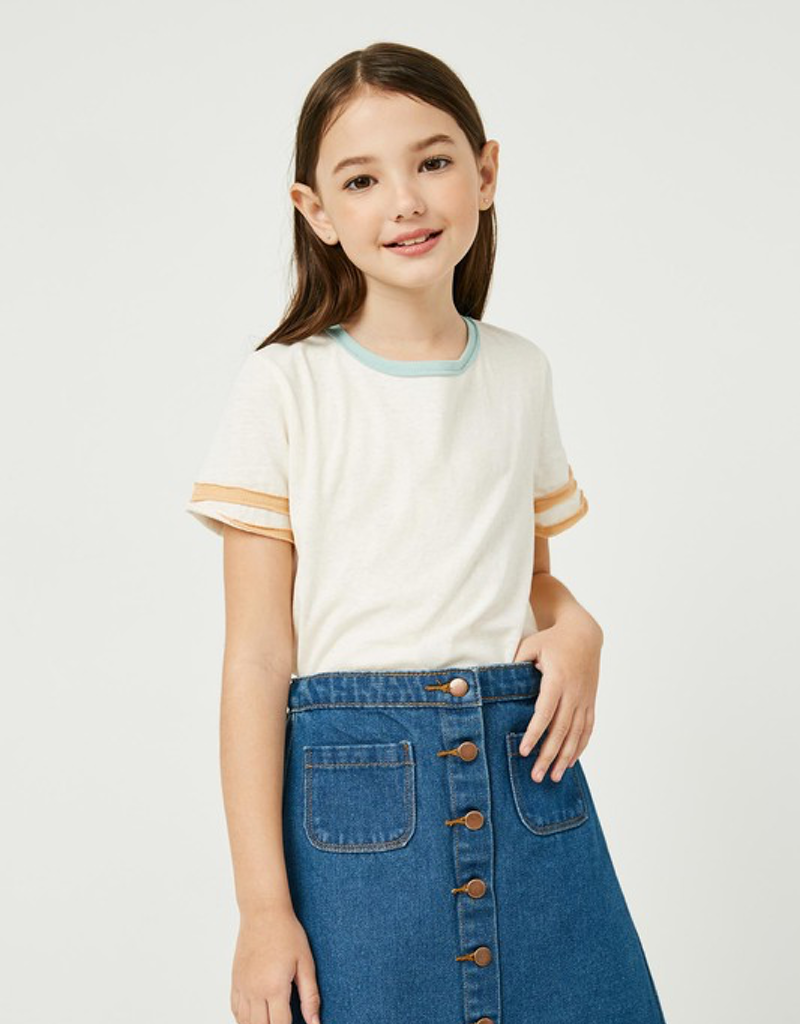 Girls Stripe Sleeve Knit Tee in Off White featuring a banded contrast neckline and long sleeves.