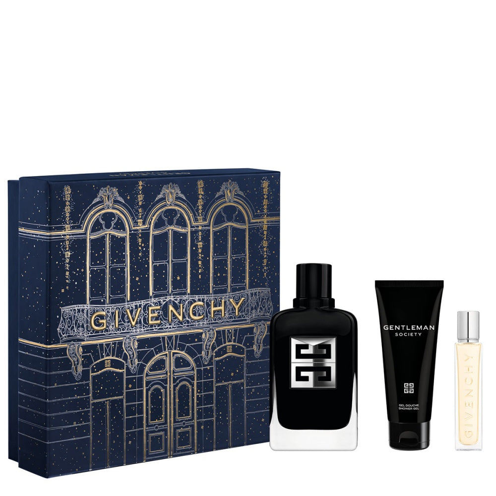 Givenchy Gentleman Society Eau de Parfum gift set including fragrance, shower gel, and travel spray