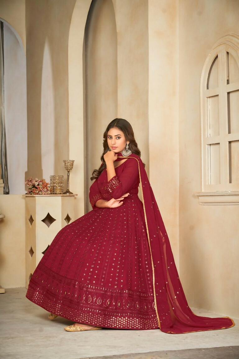 Jyoti Fashion Women's Maroon Georgette Embroidered Anarkali Kurta Pant Set With Dupatta