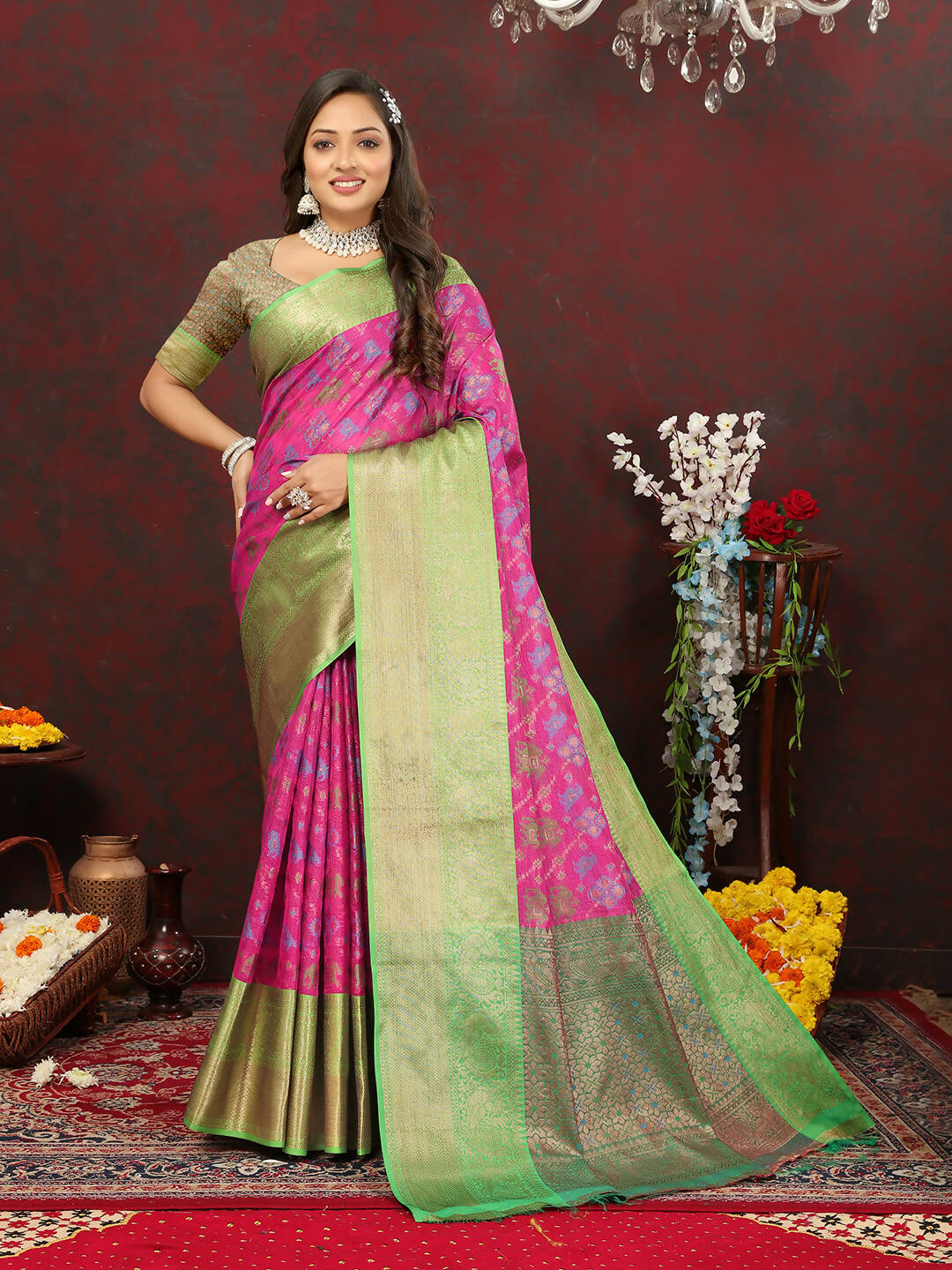Pink Cotton Saree with Zari Meenakari Woven Design