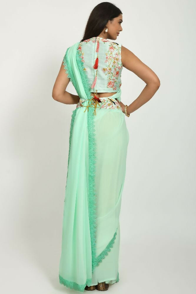 PR Fashion Pista Georgette Gpo Lace Saree