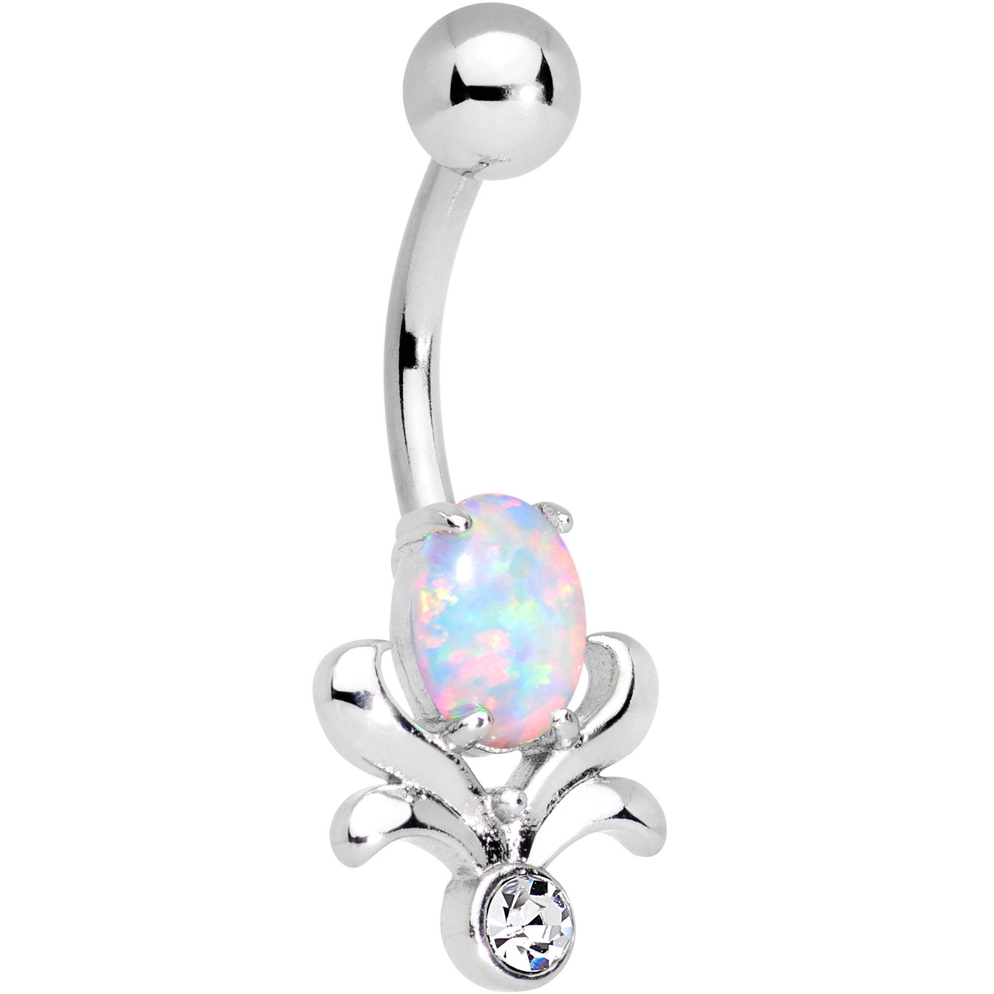 Close up of a 14G belly ring featuring a white synthetic opal tulip design