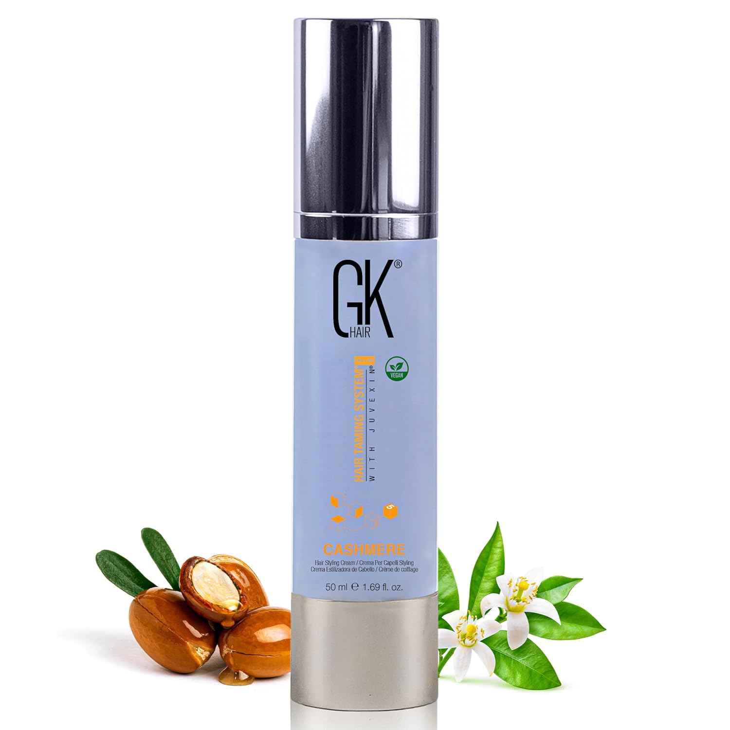 GK Hair Leave-In Cashmere serum in silver and light-blue packaging