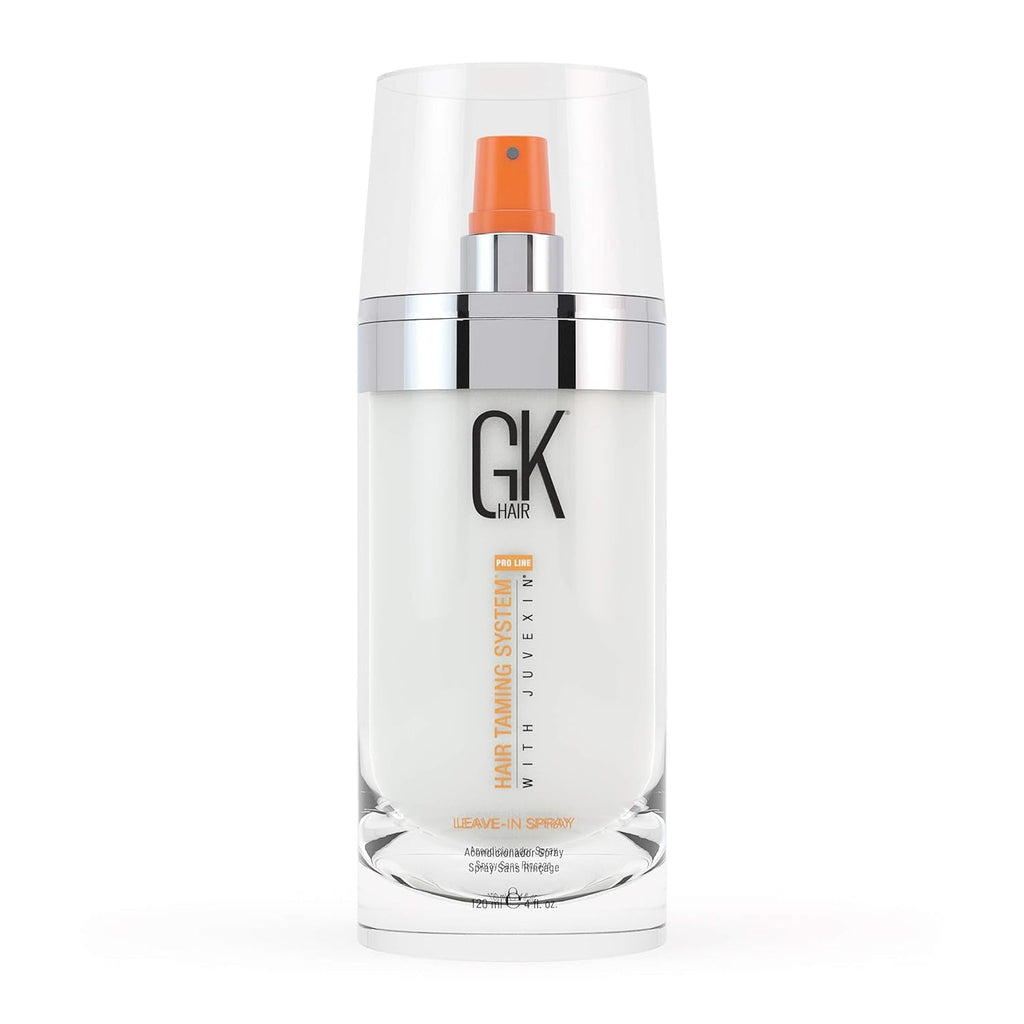 GK Hair Global Keratin Leave-In Conditioner Spray in white, silver, and orange bottle
