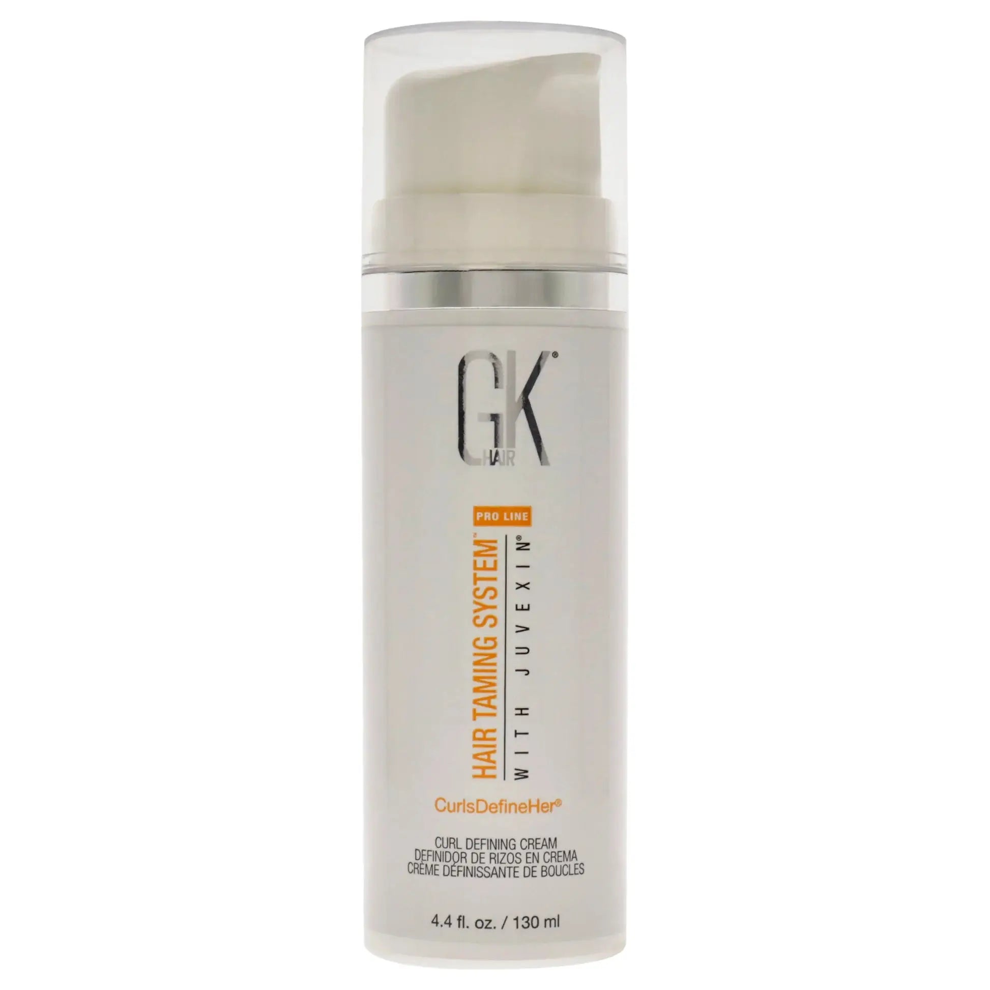 GK Hair Curls Define Her cream packaging in white, orange, and black