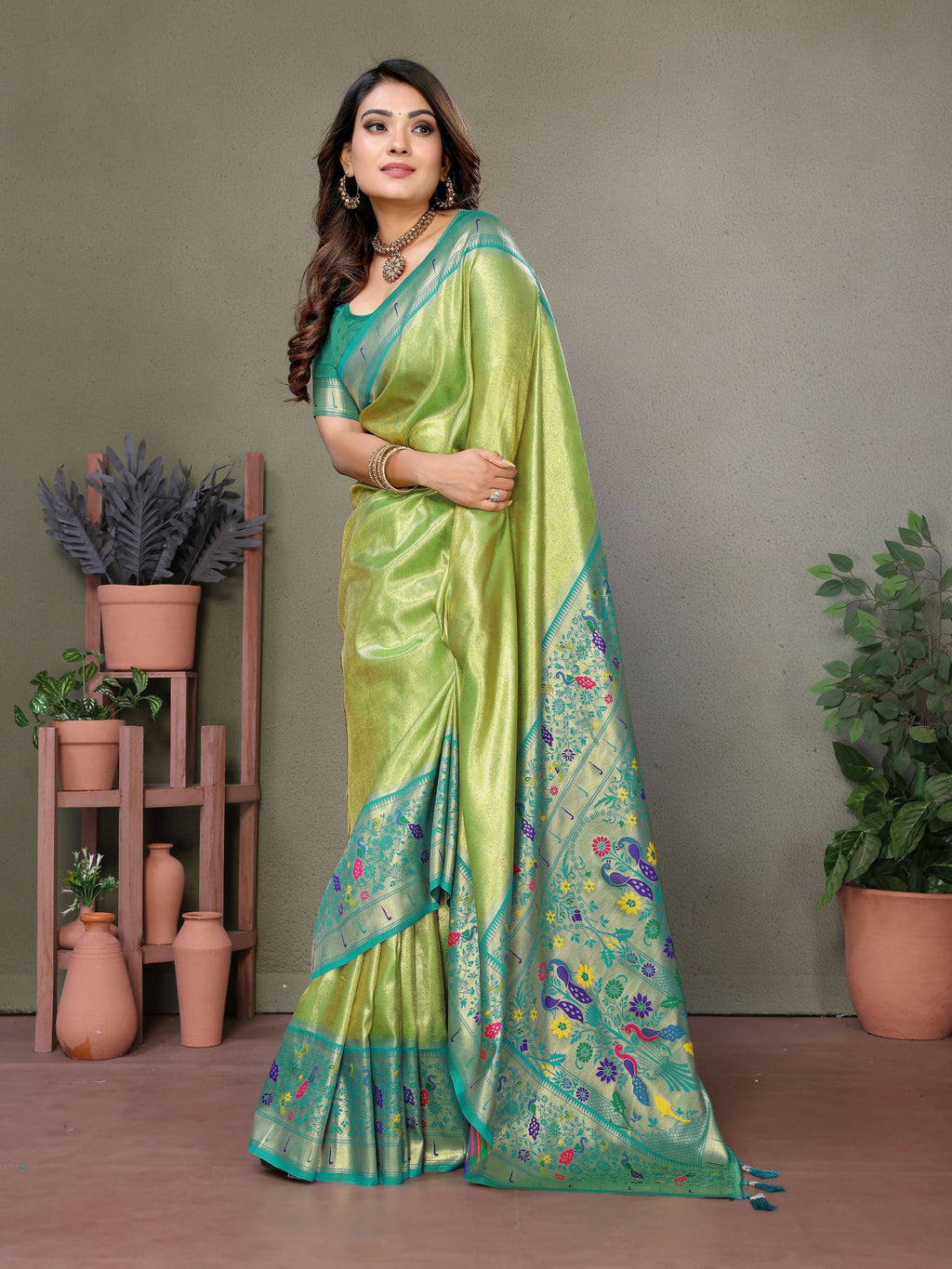 Pista Tissue Silk Paithani Woven Saree with Traditional Border