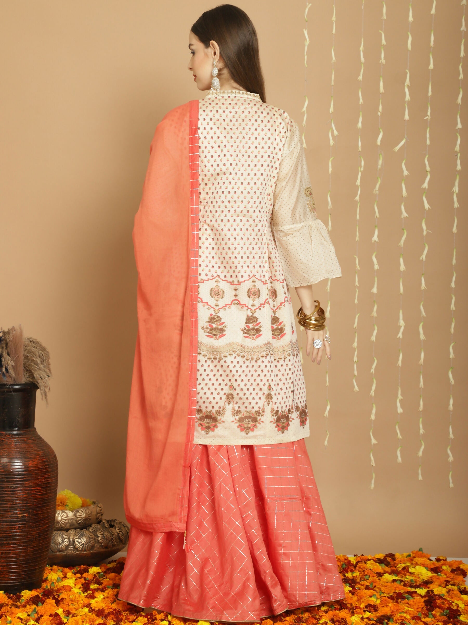 Cream Chanderi Silk A-Line Kurta Set with Jardoshi Detailing