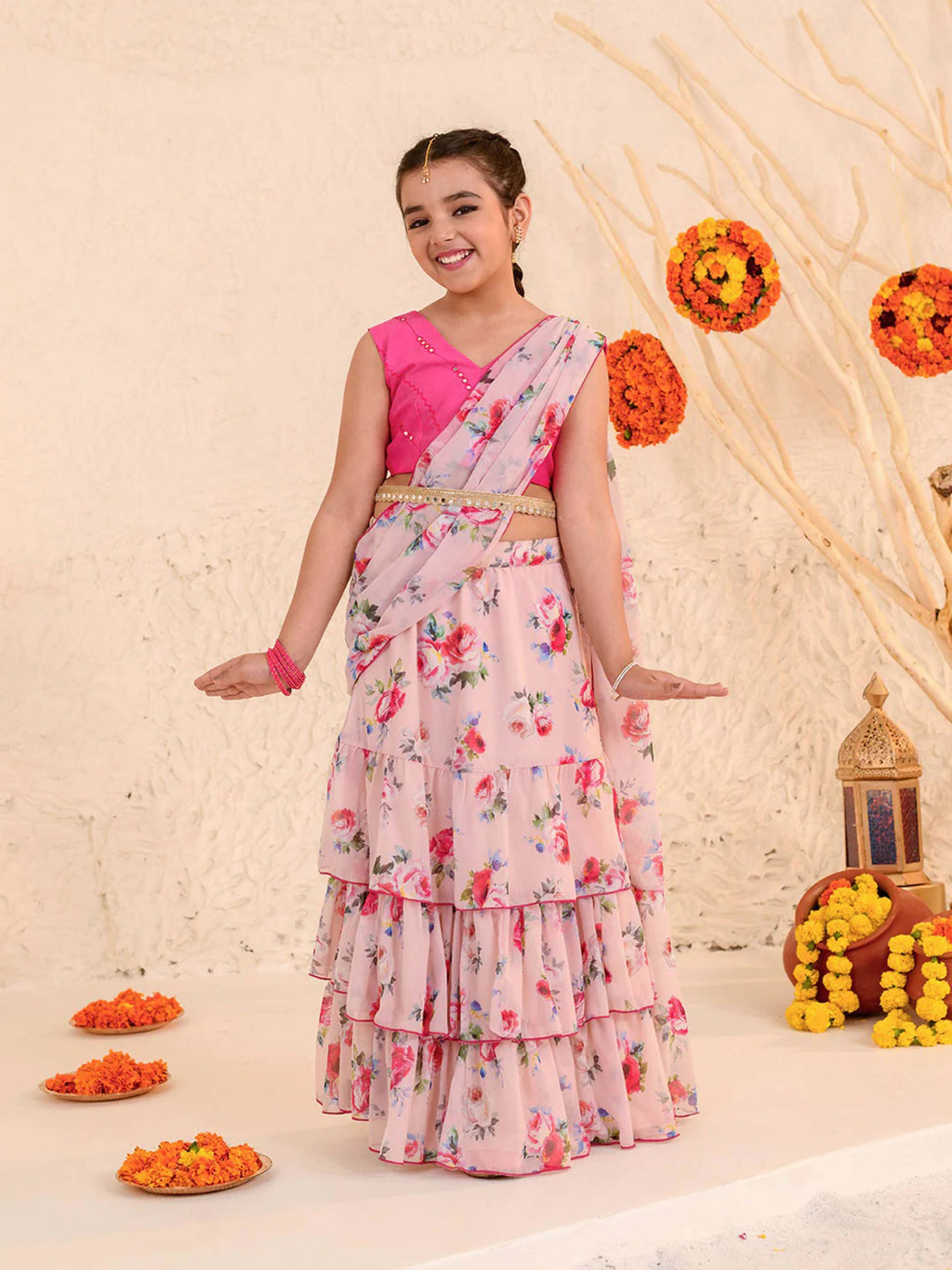 Girl's Light Pink Poly Georgette Lehenga Choli Set