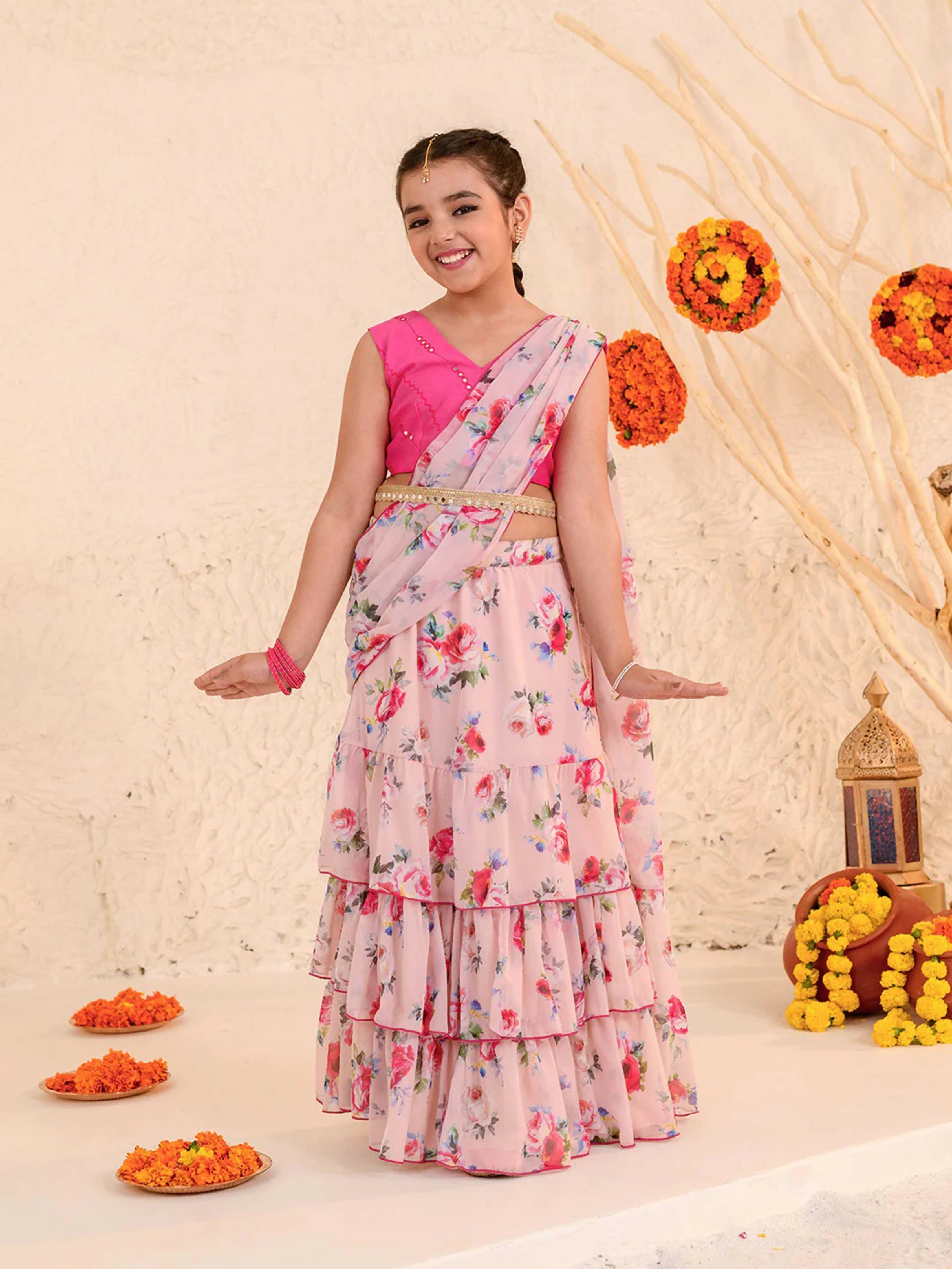 Girl's Light Pink Poly Georgette Lehenga Choli Set