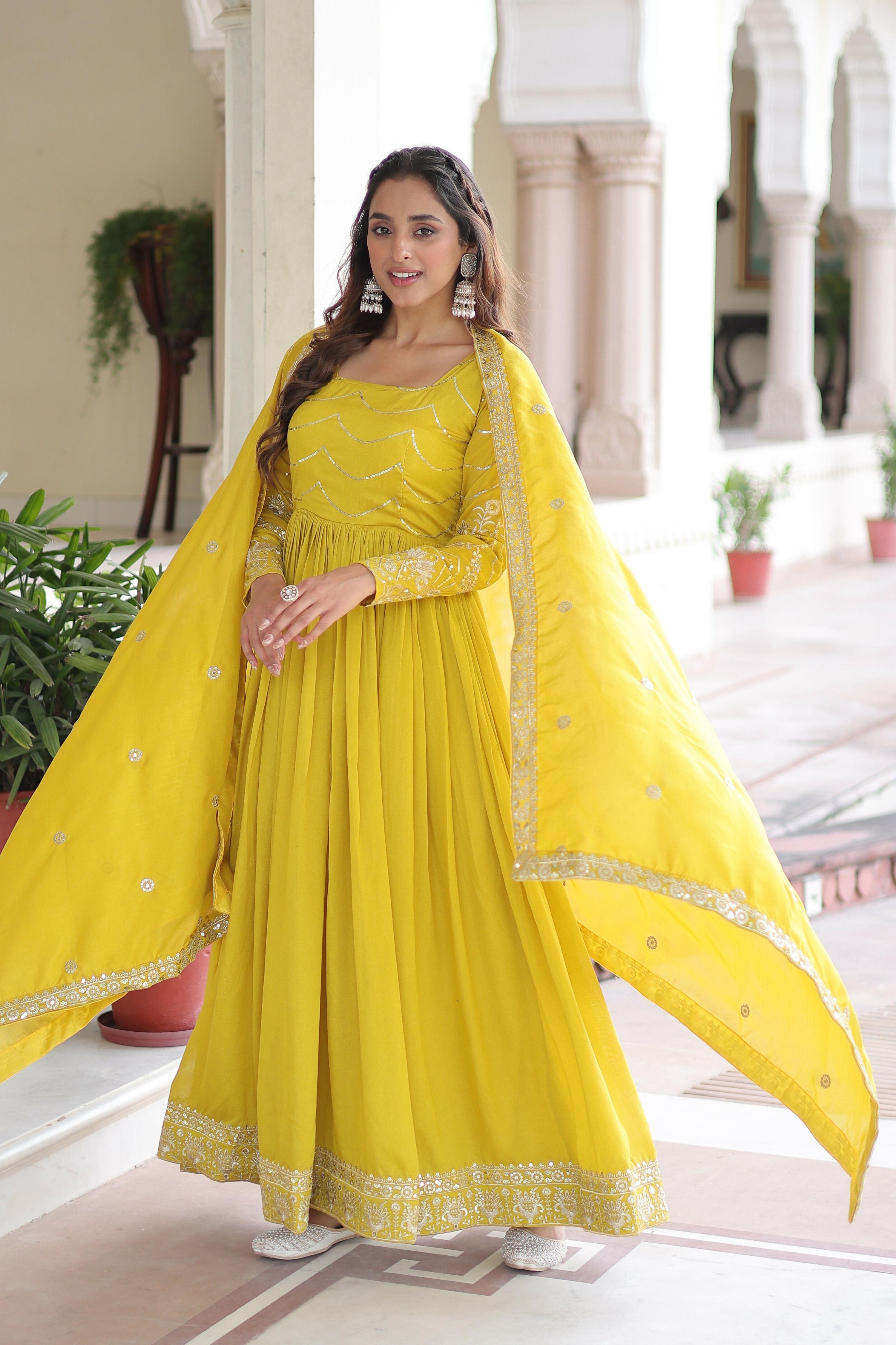 Yellow Silk Readymade Kurta Set with Sequins Embroidery