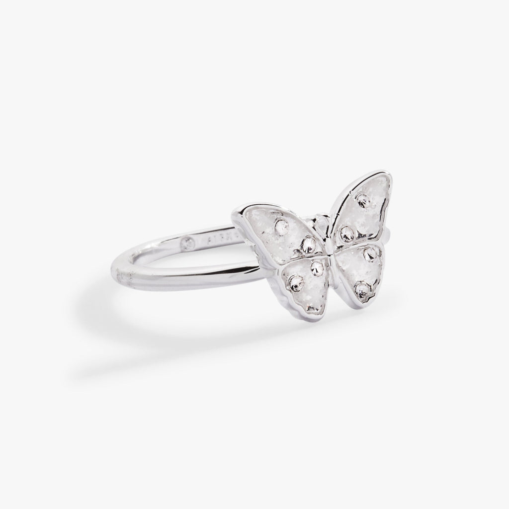 Silver and White Glass Butterfly Statement Ring with Enamel