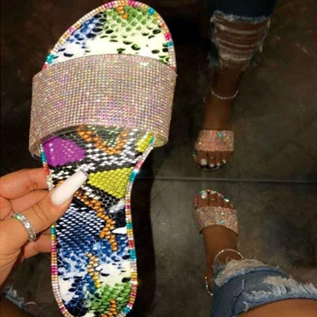 Stevvex women's glitter rhinestone slides with open-toe design and slip-resistant rubber sole