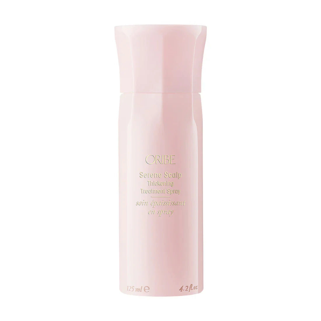 Oribe Serene Scalp Thickening Treatment Spray bottle in a soft pink minimalist setting