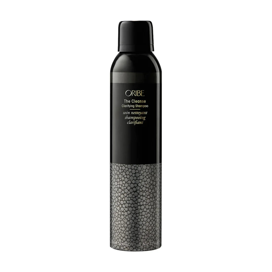 Oribe The Cleanse Clarifying Shampoo in sleek black and grey minimalist bottle.
