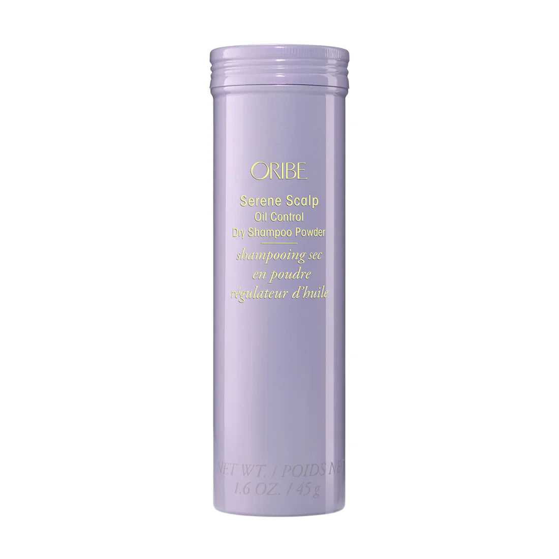 Oribe Serene Scalp Oil Control Dry Shampoo Powder in a lavender bottle with gold text.