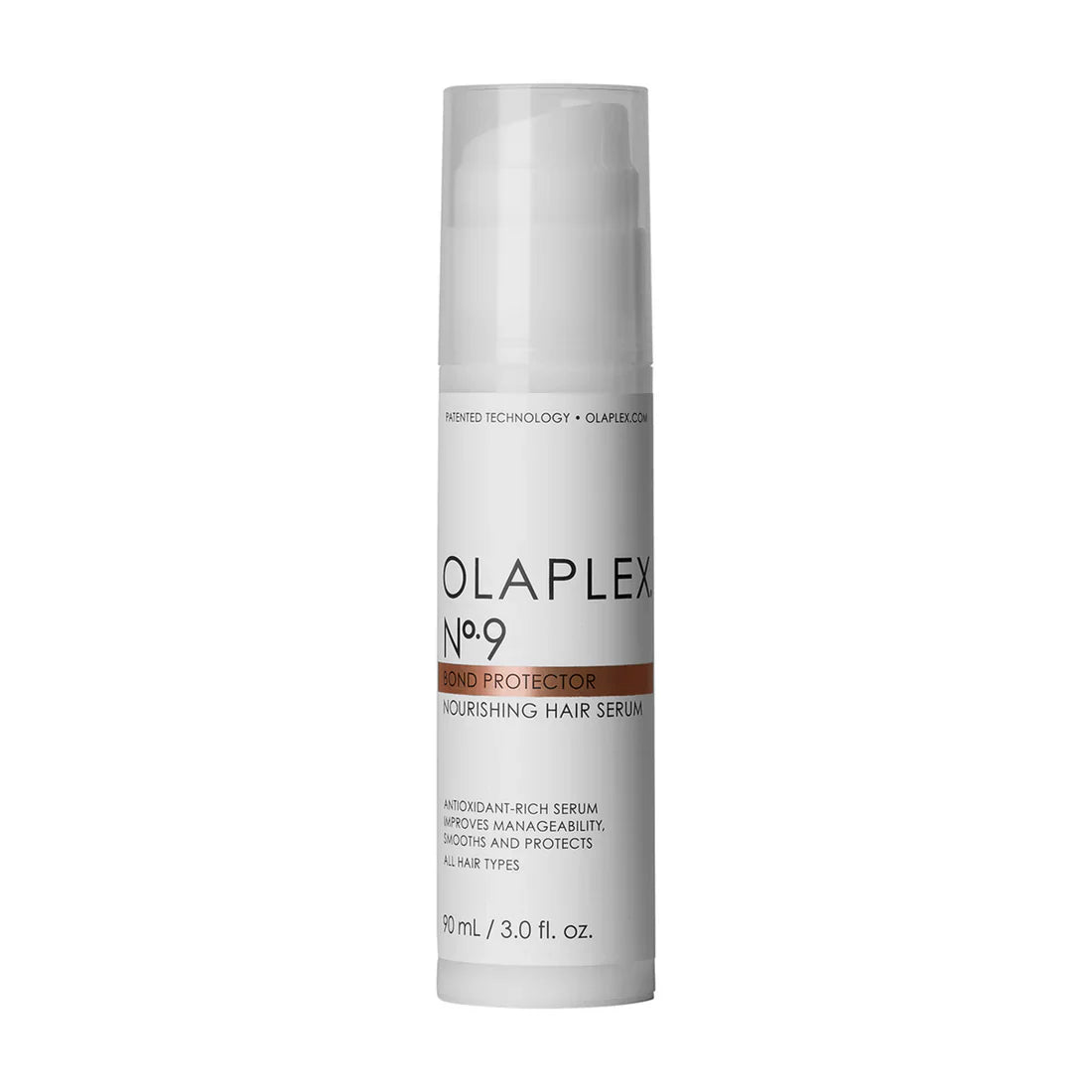 Brown and white bottle of Olaplex No. 9 Bond Protector Nourishing Hair Serum