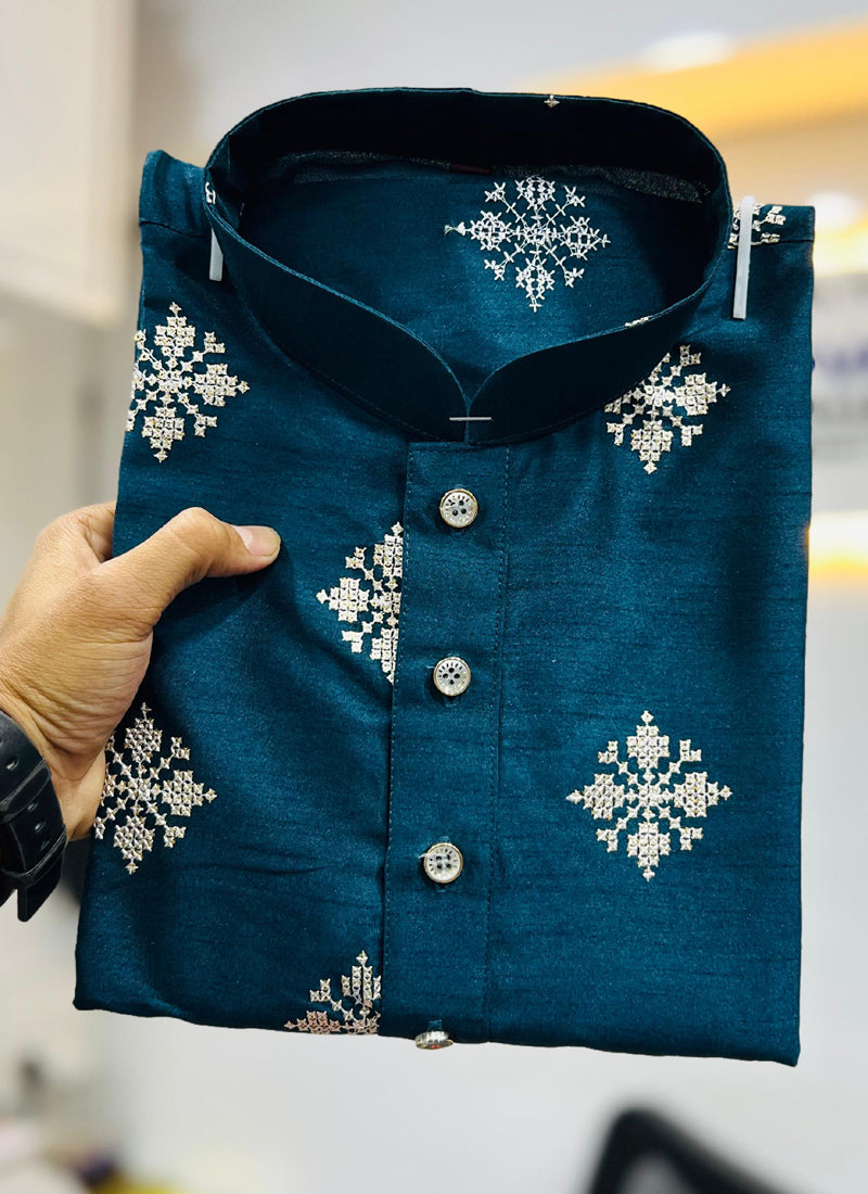 Aqua Blue Silk Kurta with Copper Sequence Work for Men
