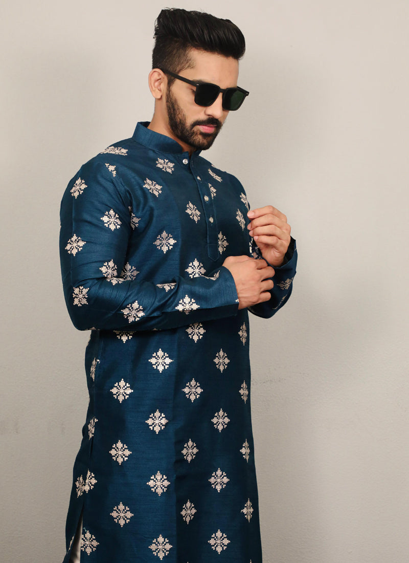 Men's Aqua Blue Silk Kurta with elegant copper sequence embroidery