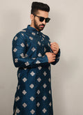 Men's Aqua Blue Silk Kurta with elegant copper sequence embroidery