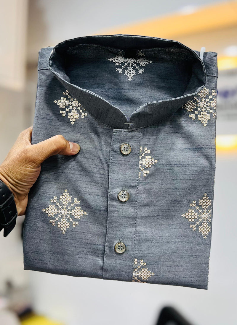 Men's Grey Silk Kurta with Copper Sequin Work