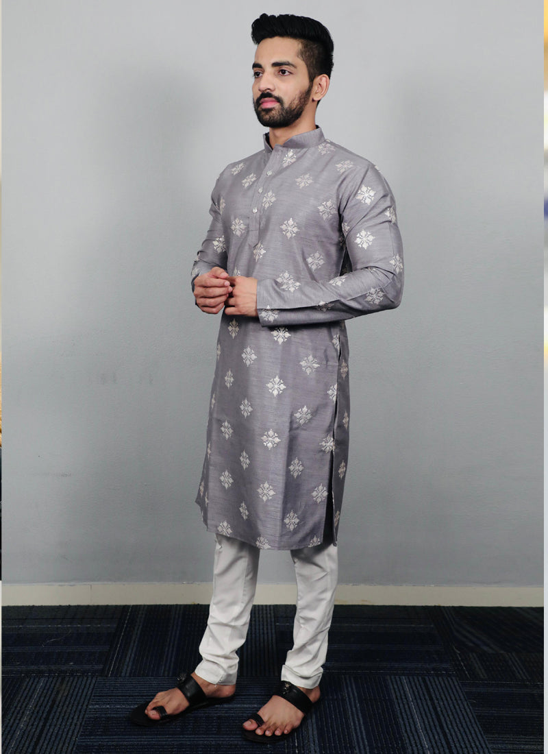 Men's grey silk kurta with sophisticated copper sequin embroidery