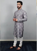 Men's grey silk kurta with sophisticated copper sequin embroidery