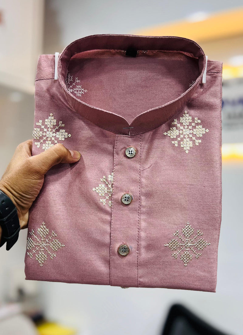 Onion Pink Silk Kurta with Copper Sequence Work for Men