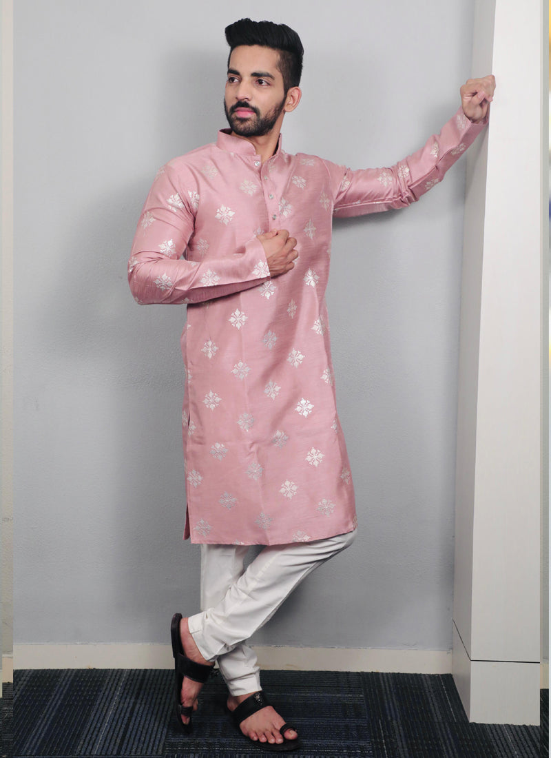 Onion Pink Silk Kurta with copper sequence work for men