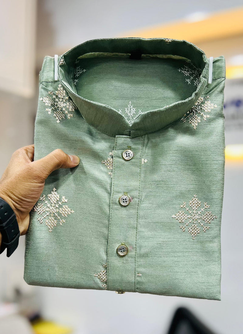 Men's Pista Silk Kurta with Copper Sequence Work Ethnic Wear