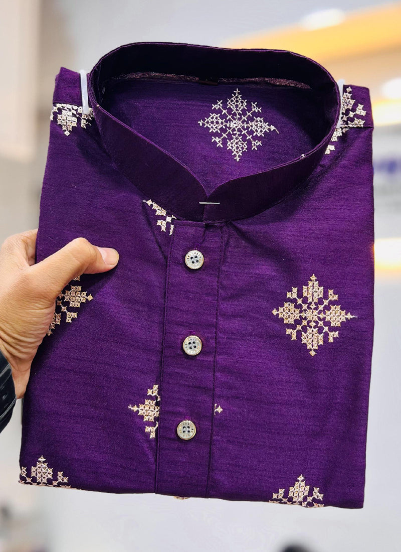 Violet Silk Kurta with Metallic Copper Geometric Sequence Work