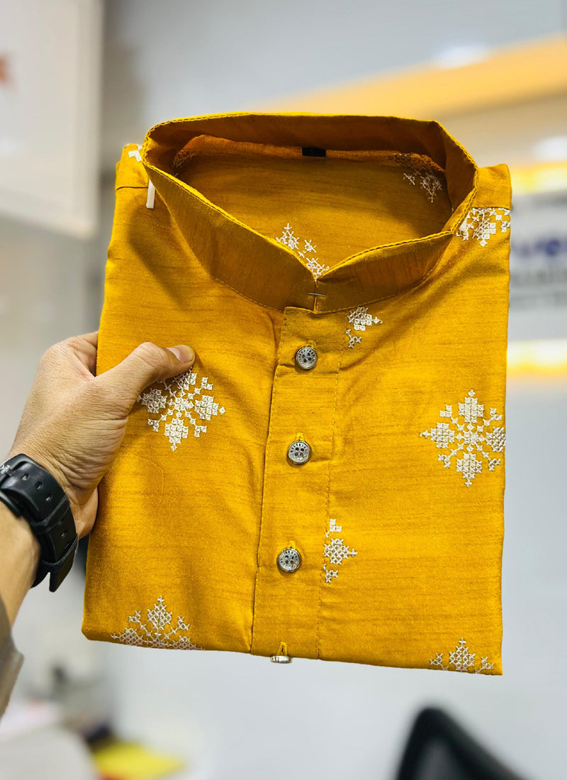 Men's Yellow Silk Kurta with Copper Sequin Detail