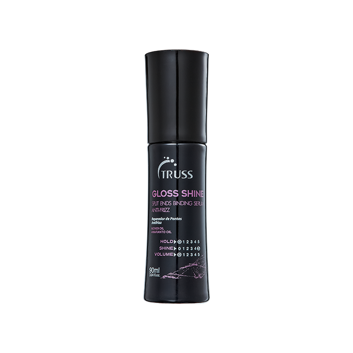 Truss Gloss Shine split ends binding serum in black bottle with pink accents