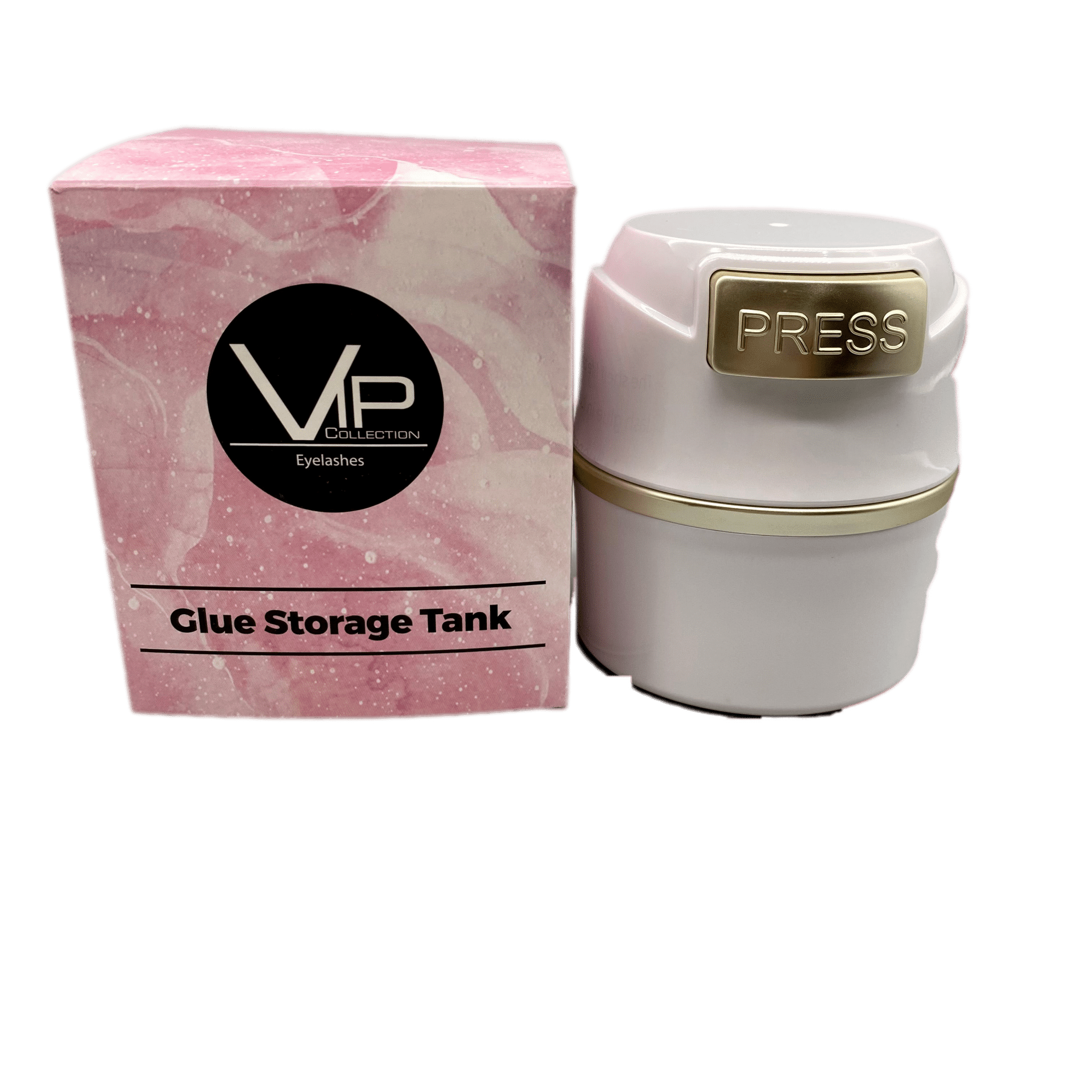 VIP Extensions glue storage tank in gold finish with three internal compartments for lash adhesives