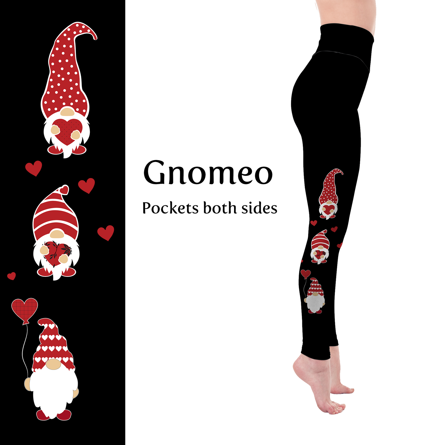 Black leggings with a festive gnome and red heart print, featuring side pockets on both legs.