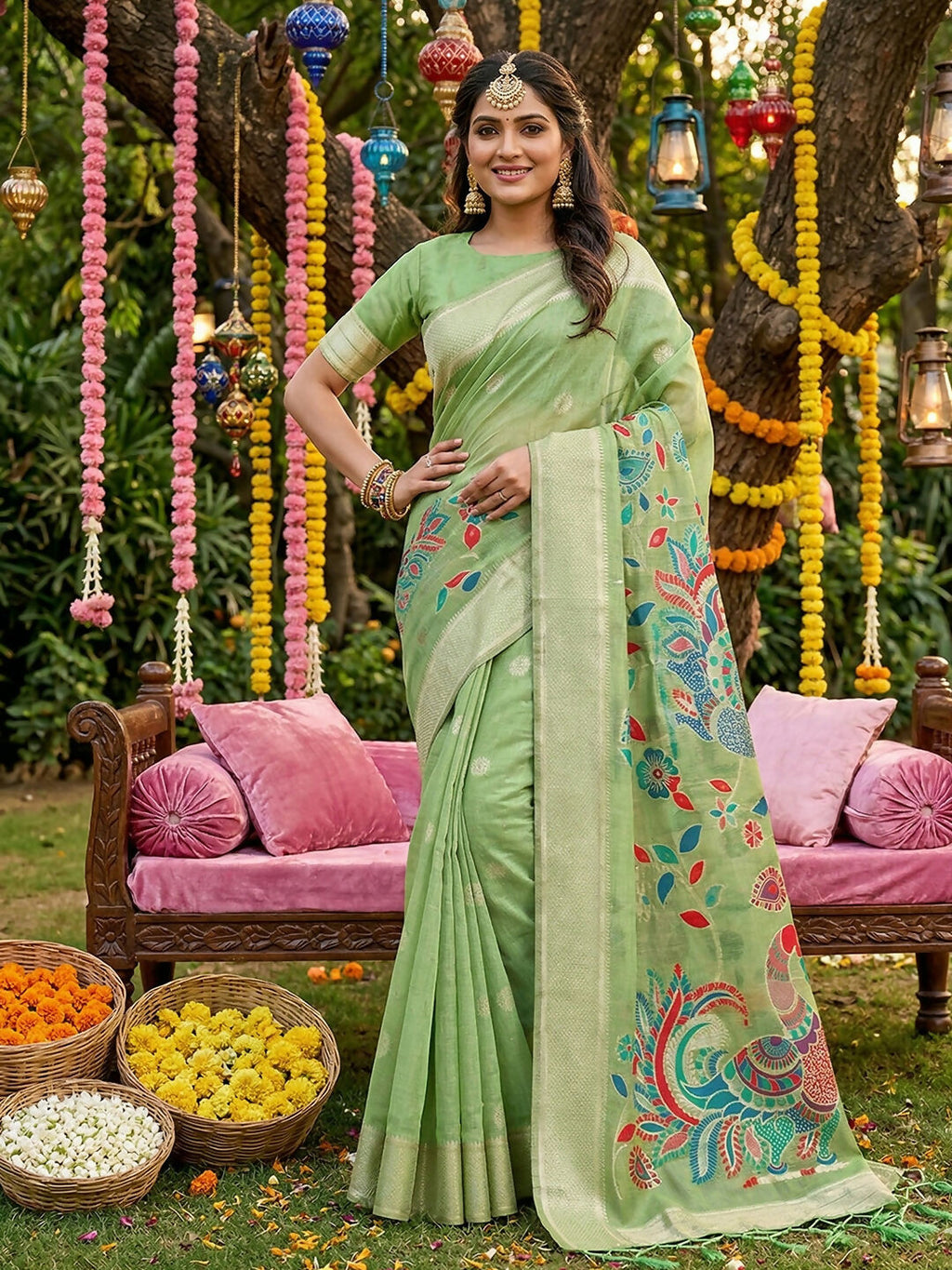 Light green linen cotton saree with matching blouse