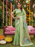 Light green linen cotton saree with matching blouse