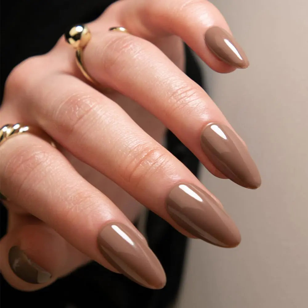 Brown Press on Nails Almond Medium Solid Color Glossy Fake Nails Press Ons Almond Shape Stick on Nails for Women and Girls Daily Wear in 24PCS