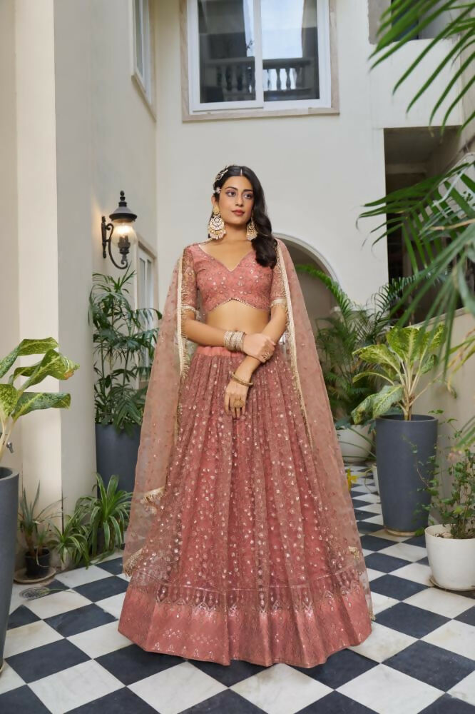 Rust Butterfly Net Lehenga Choli with detailed cotton thread work and sequence embroidery.