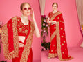 Luxurious red Fendi two-tone silk saree adorned with heavy zari embroidery and sparkling zircon work.