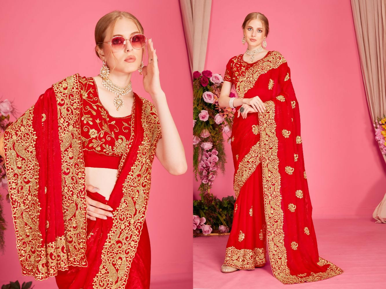 Luxurious red Fendi two-tone silk saree adorned with heavy zari embroidery and sparkling zircon work.