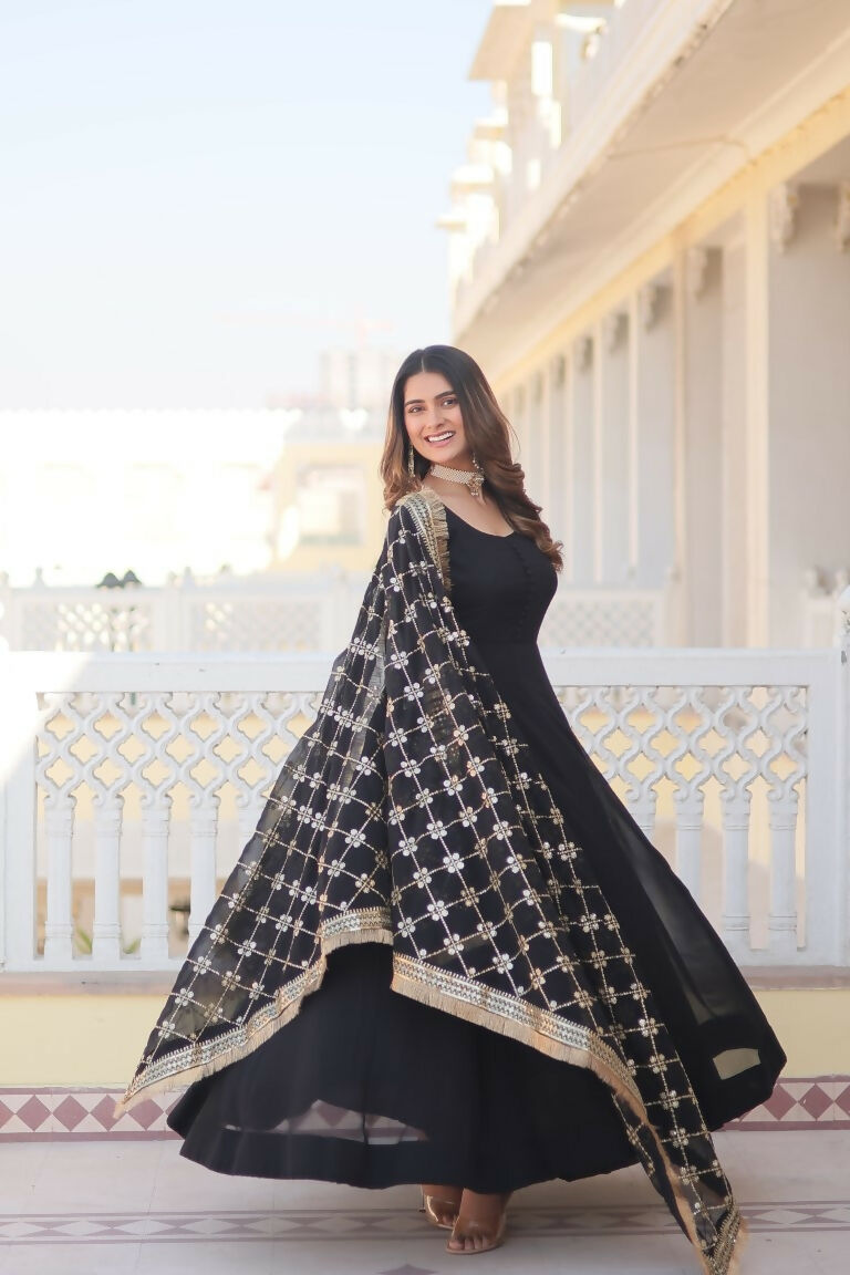 Black Faux Blooming Anarkali Dress with Sequins Zari Embroidery